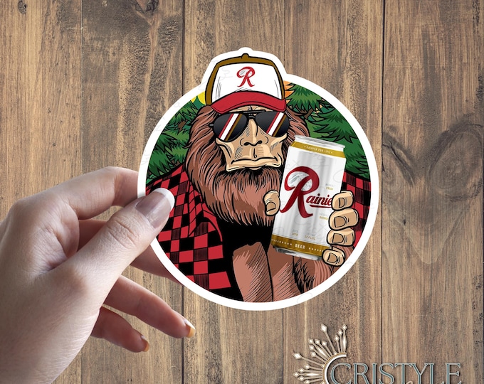 Bigfoot Sasquatch Drinking Beer Sticker - Rainier Fan Art Beer