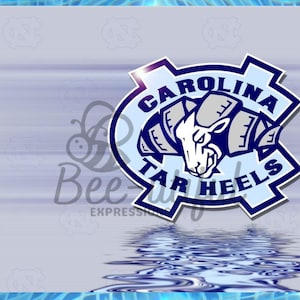 May include: A digital graphic featuring the Carolina Tar Heels logo. The logo is a stylized ram's head in white and blue, set against a light blue background with the words "CAROLINA TAR HEELS". The image has a water reflection effect.
