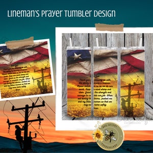 Könnte beinhalten: Ein Becherdesign mit einem Sonnenuntergangsszenario, in dem ein Elektriker an einer Stromleitung arbeitet. Das Design enthält eine amerikanische Flagge und ein Gebet für Elektriker. Der Text lautet: "Lieber Gott, Danke, dass du uns mit der Fähigkeit gesegnet hast, ein Elektriker zu werden. Wache über uns, während wir unsere Arbeit verrichten. Halte unsere Gedanken scharf und klar. Gib uns die Kraft und den Mut, unsere Arbeit zu erledigen. Wenn Stürme, schütze mich und meine Kollegen Elektriker, damit wir sicher nach Hause kommen können. Amen."