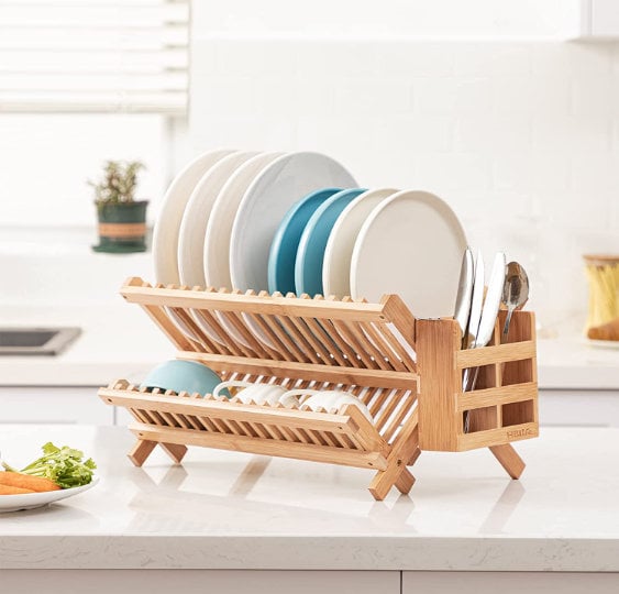 Kozy Kitchen Dish Drying Rack Bamboo Dish Rack Plate Rack Collapsible Dish Drainer, Foldable Dish Drying Rack Wooden Plate Rack Made of 100% Natural Bamboo, By: Ko