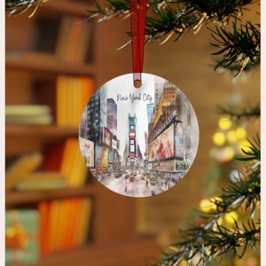 Times Square NYC ornament, New York painting New York ornament, NYC skyline trip reveal, Trendy NY artful watercolor, family ornament gift