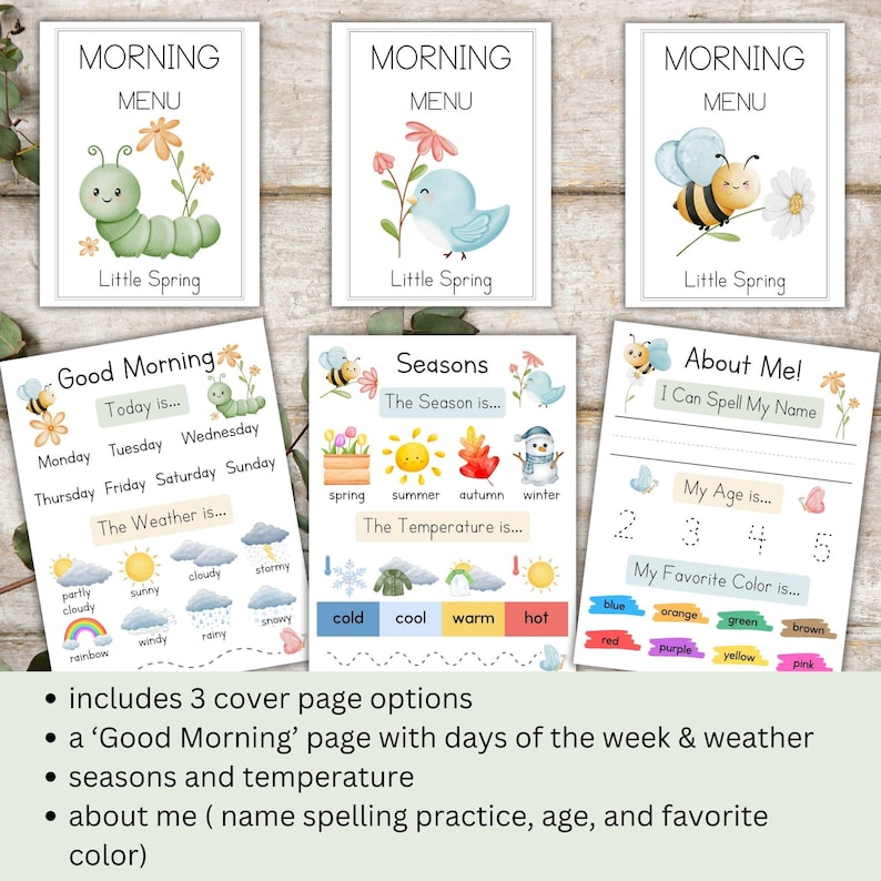 May include: A set of educational printables for children. Includes three cover page options with illustrations of a caterpillar, bird, and bee. Also includes pages for weather, seasons, and personal information.