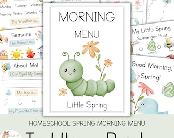 Spring Homeschool Morning Menu, Toddler Pre-K Printable Spring Worksheets, Preschool Homeschool PDF Download