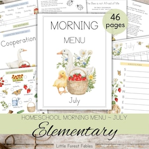 Menu du matin de juillet pour l'élémentaire, Menu mensuel du matin pour l'école à la maison, Feuilles de travail pour l'élémentaire d'été, Panier d'été pour l'école à la maison, Poésie d'été