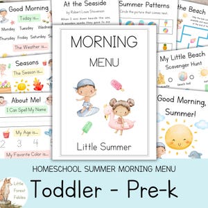 Könnte beinhalten: Eine Sammlung von pädagogischen Arbeitsblättern mit dem Titel Morning Menu Little Summer, die Aquarellillustrationen von Kindern, Strandartikeln und saisonalen Themen für Kleinkinder und Vorschulkinder zur täglichen Übung enthält.