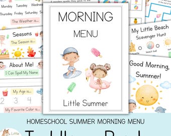 May include: A collection of educational printable worksheets titled Morning Menu Little Summer, featuring watercolor illustrations of children, beach items, and seasonal themes for toddlers and pre-k students to practice daily routines.