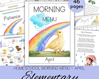 April Morning Menu Homeschool, Elementary Morning Menu Worksheets, Spring Morning Menu, Elementary Daily Morning Work, Homeschool Mornings