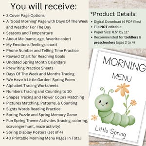 May include: Digital download of printable educational materials for toddlers and preschoolers. Includes a morning menu with a cute caterpillar graphic, tracing worksheets, and spring-themed activities. Paper size is 8.5" x 11".