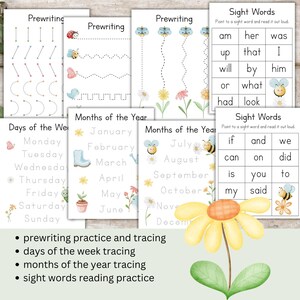 May include: Educational printables for kids featuring prewriting practice, days of the week, months of the year, and sight words. The pages have a watercolor floral theme with bees and butterflies. The text includes "Prewriting", "Days of the Week", "Months of the Year", and "Sight Words".