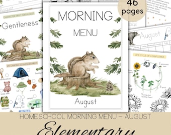 August Morning Menu Homeschool, Elementary Morning Menu Worksheets, Homeschool Elementary Morning Printables, Monthly Morning Menu Workbook