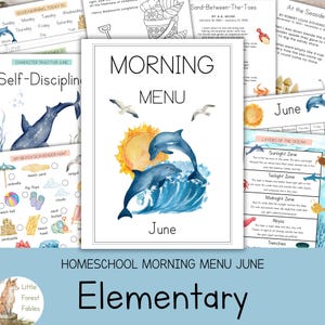 Könnte beinhalten: Ein Homeschool-Morgenmenü für Juni mit einer Aquarellillustration von Delfinen, die aus Wellen unter einer Sonne springen. Das Menü enthält Abschnitte über Selbstdisziplin, eine Strand-Schnitzeljagd und Schichten des Ozeans.