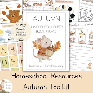 May include: An 82-page autumn homeschool helper bundle pack featuring printable educational resources for kindergarten and early elementary students. The cover displays a mouse holding an acorn, with additional pages showing a bear, moon phases, and book reviews.