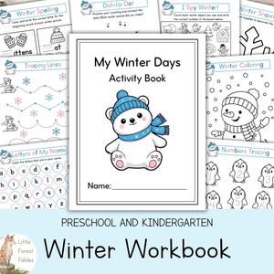 May include: A winter activity book for preschool and kindergarten children. The cover shows a cartoon polar bear in a blue hat and scarf. Inside are pages for winter spelling, tracing, colouring, and counting activities.