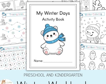 May include: A winter-themed activity book for preschool and kindergarten. The cover features a cartoon polar bear wearing a blue hat and scarf. Inside are pages for winter spelling, tracing, coloring, and counting activities.