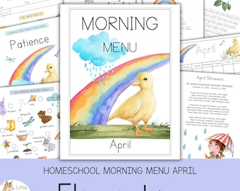 April Morning Menu Homeschool, Elementary Morning Menu Worksheets, Spring Morning Menu, Elementary Daily Morning Work, Homeschool Mornings