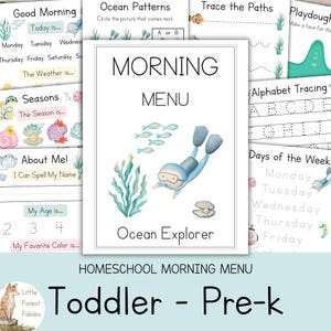 Pode incluir: Uma coleção de fichas educativas para crianças pequenas e pré-escolares com tema oceânico. A página central intitula-se Morning Menu Ocean Explorer e apresenta uma ilustração de um mergulhador, peixes e uma pérola numa ostra.
