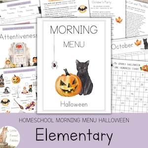 Könnte beinhalten: Homeschool-Morgenmenü für Halloween. Das Bild zeigt eine Aquarellillustration eines Kürbisses und einer schwarzen Katze. Die Worte "Morning Menu" und "Halloween" sind zu sehen. Weitere Seiten zeigen eine Halloween-Schnitzeljagd und eine Hundertertafel.