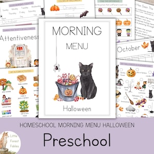 May include: A watercolor illustration for a homeschool morning menu. The central image features a black cat, a bucket of Halloween candy, and a spider. The words "Morning Menu" and "Halloween" are displayed. Additional pages include Halloween-themed activities.