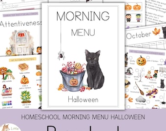 Preschool Halloween Morning Menu, Printable Kindergarten Halloween Worksheets, Homeschool October Theme Activities For Kids, Halloween Pages