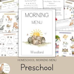 Woodland Themed Homeschool Morning Menu, Preschool Daily Workbook, Calendar Skills Practice Sheets, PDF Download