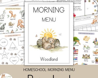 Woodland Themed Homeschool Morning Menu, Preschool Daily Workbook, Calendar Skills Practice Sheets, PDF Download