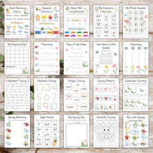 May include: A collection of educational printable worksheets for children. The pages cover topics like the alphabet, numbers, shapes, emotions, and the days of the week. Each page has colorful illustrations and prompts for tracing and matching activities.