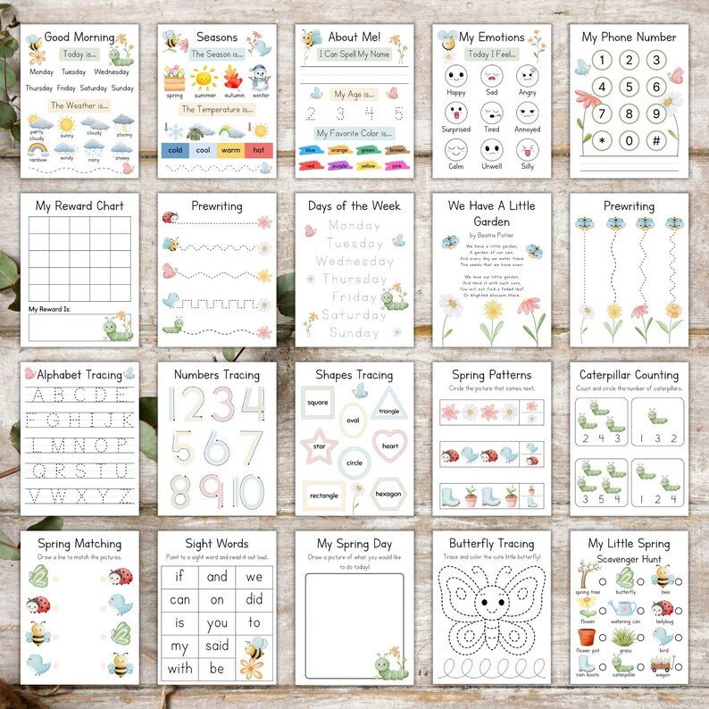 May include: A collection of educational printable worksheets for children. The pages cover topics like the alphabet, numbers, shapes, emotions, and the days of the week. Each page has colorful illustrations and prompts for tracing and matching activities.