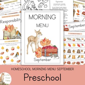 May include: Homeschool morning menu for September, featuring a watercolor illustration of a deer, apples, and autumn leaves. The menu includes the text "Morning Menu" and "Preschool."