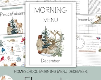 May include: Homeschool morning menu for December, featuring a watercolor illustration of a child and a deer surrounded by pine trees. Includes pages for daily activities, character traits, and a winter nature walk.