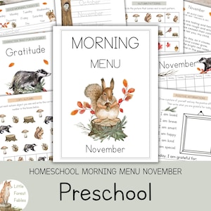 Pode incluir: Um menu matinal de pré-escola em casa para novembro. A imagem central apresenta uma ilustração em aquarela de um esquilo em um tronco de árvore com folhagem de outono. O menu inclui atividades diárias e afirmações positivas.