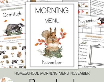 Menú matutino de preescolar de noviembre, cuaderno de trabajo de otoño para preescolar en casa, hojas de trabajo matutinas diarias de jardín de infantes, descarga en PDF