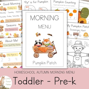 May include: A collection of educational printable worksheets for toddlers and preschoolers featuring an autumn theme. The central page is titled Morning Menu Pumpkin Patch and displays a watercolor illustration of a panda and fox in a wooden wagon.
