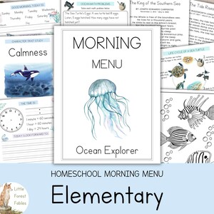 May include: A collection of educational worksheets titled Morning Menu Ocean Explorer, featuring a central jellyfish illustration, math problems, a sea turtle life cycle diagram, poetry, and a clock face for time-telling practice, all printed on white paper.
