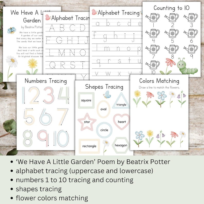 May include: Educational printable worksheets for children. Includes alphabet tracing, number tracing, shape tracing, and color matching activities. Features a poem by Beatrix Potter and counting to 10. The worksheets have a floral and butterfly theme.