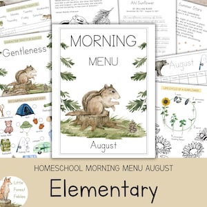 Peut inclure: Un menu du matin pour l'école à la maison pour le mois d'août, avec une illustration à l'aquarelle d'un chipmunk sur une souche d'arbre. Le menu comprend le texte "Morning Menu" et "August", avec du contenu éducatif.