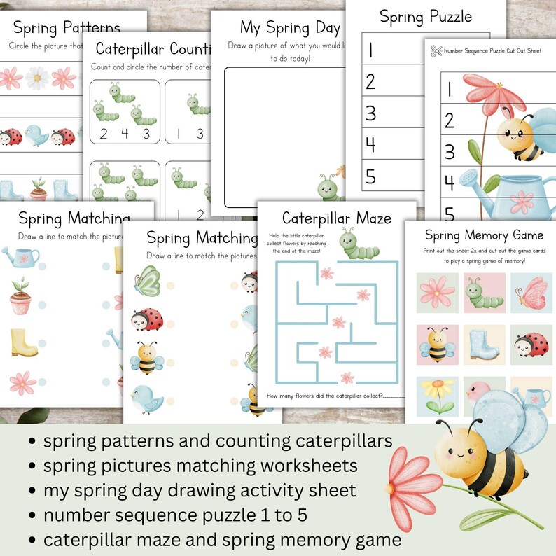 May include: A collection of spring-themed educational worksheets for children. The pages include counting caterpillars, matching pictures, drawing activities, number puzzles, mazes, and a memory game. The illustrations feature flowers, insects, and other spring elements.