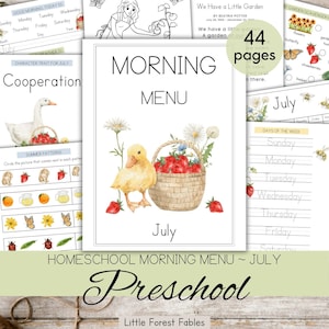 Menu du matin de juillet pour les enfants d'âge préscolaire, Menu d'été pour l'école à la maison à la maison, Imprimables pour la maternelle, Calendrier du matin pour la maternelle au travail, Routine du matin