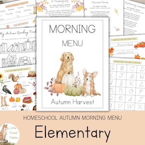 May include: Homeschool autumn-themed morning menu with the title "Morning Menu" and "Autumn Harvest" text. The image features illustrations of two dogs, pumpkins, and fall foliage. Additional pages include writing practice and nature walk activities.
