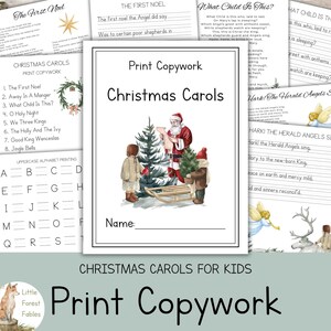 May include: A children's Christmas carols print copywork book. The cover illustration shows Santa Claus, children, and a Christmas tree. The book includes carols and uppercase alphabet exercises. The title "Print Copywork" is displayed.