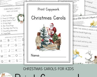 Bundel kerstliederen afdrukken kopieerwerk, handschriftoefening basisonderwijs thuisonderwijs, kopieerpagina's voor de feestdagen, pdf-download