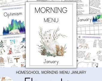 May include: Homeschool morning menu for January, featuring a watercolor illustration of a polar bear and squirrel. The menu includes a calendar, character trait, and winter-themed activities. Text includes "Morning Menu" and "Elementary".