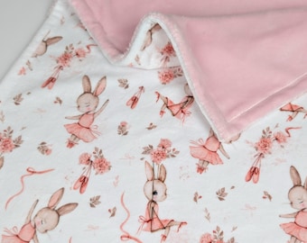 Personalized Watercolor Bunny Ballerina Blanket, Pink Floral Swaddle, Soft Minky Baby Gift