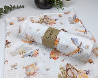 wizarding school baby blanket, little wizard muslin blanket, double gauze baby swaddle, summer baby blanket, organic cotton blanket