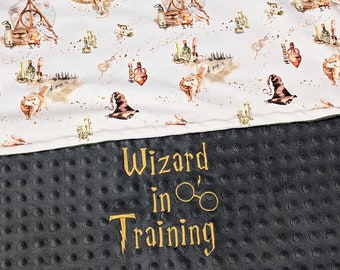 little wizard baby blanket, personalized baby blanket, baby wizard blanket, magic owl blanket, newborn baby gift, school of magic