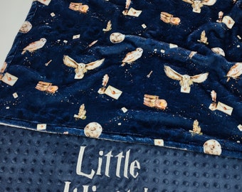 little wizard, magic owl blanket, personalized baby blanket, baby wizard blanket, newborn baby gift, white owl mail, school of magic