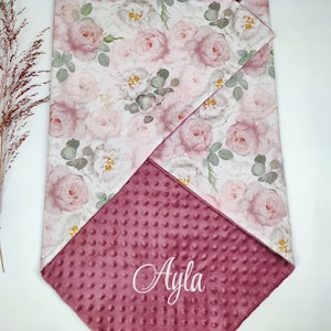 personalized baby blanket roses, custom floral swaddle, monogrammed newborn gift, little girl name embroidered cover, customized present