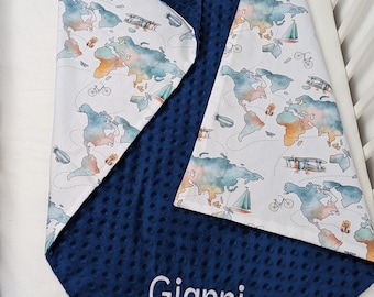 Personalized World Map Baby Blanket, Cotton & Minky Little Explorer Nursery Gift
