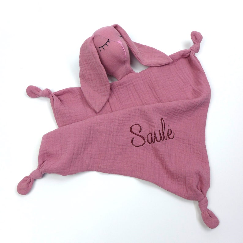 personalized bunny comforter, soft sleeping toy, organic muslin baby lovey, bunny doudou, baby security blanket, monogrammed baby blanket image 3