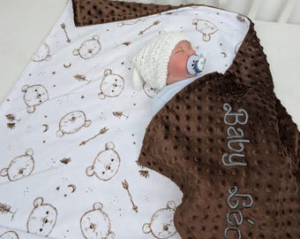 Personalized Teddy Bear Minky Blanket, Neutral Baby Blanket with Name, Taupe Nursery Blanket