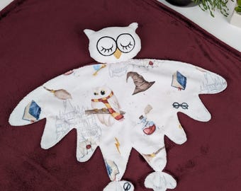 personalized wizard owl comforter, customized baby doudou, baby wizard toy, magic wizard owl, soft sleeping doudou, wizard owl comforter